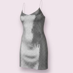 Almost Famous Metallic Bodycon Dress Silver Black Party Cocktail M Mini Zip Back